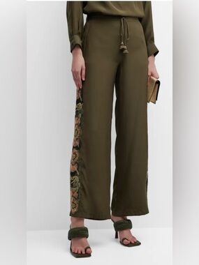 Figue Theodora Sequin Side-Stripe Straight-Leg Silk Pants - Moss Green